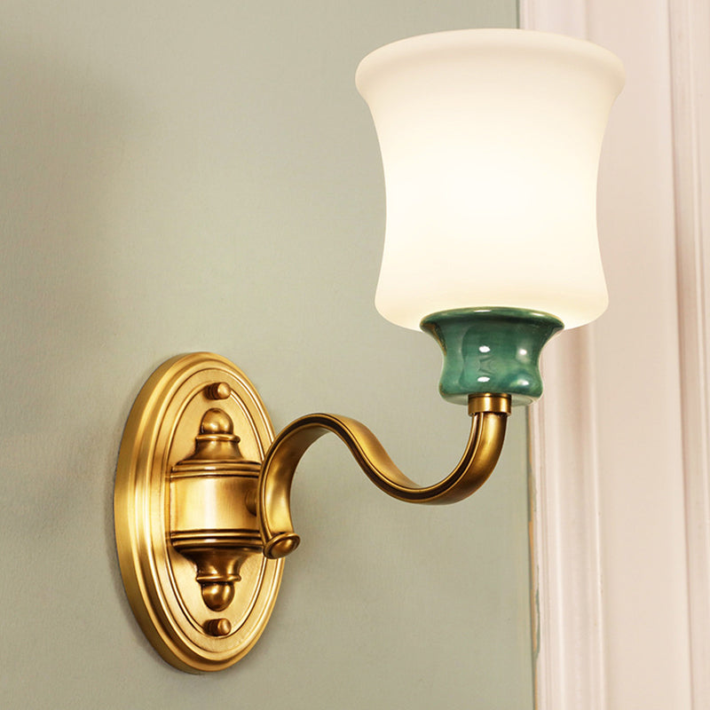 Skørter | Metallic Gold Surface Wall Application Bell 1/2-Bulb Vintage Style Wall Light with Milk Glass Shade