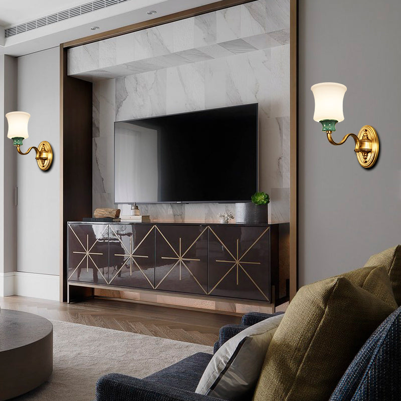 Skørter | Metallic Gold Surface Wall Application Bell 1/2-Bulb Vintage Style Wall Light with Milk Glass Shade