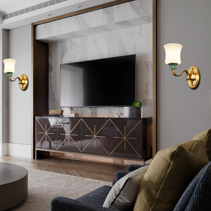 Skørter | Metallic Gold Surface Wall Application Bell 1/2-Bulb Vintage Style Wall Light with Milk Glass Shade