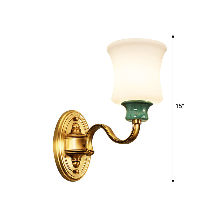 Skørter | Metallic Gold Surface Wall Application Bell 1/2-Bulb Vintage Style Wall Light with Milk Glass Shade