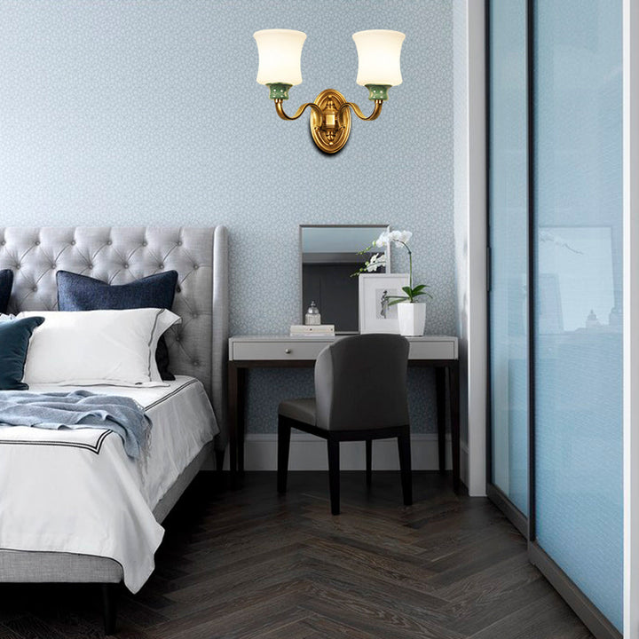 Skørter | Metallic Gold Surface Wall Application Bell 1/2-Bulb Vintage Style Wall Light with Milk Glass Shade