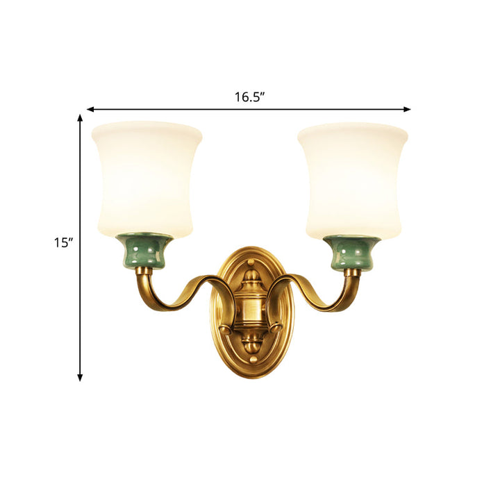 Skørter | Metallic Gold Surface Wall Application Bell 1/2-Bulb Vintage Style Wall Light with Milk Glass Shade