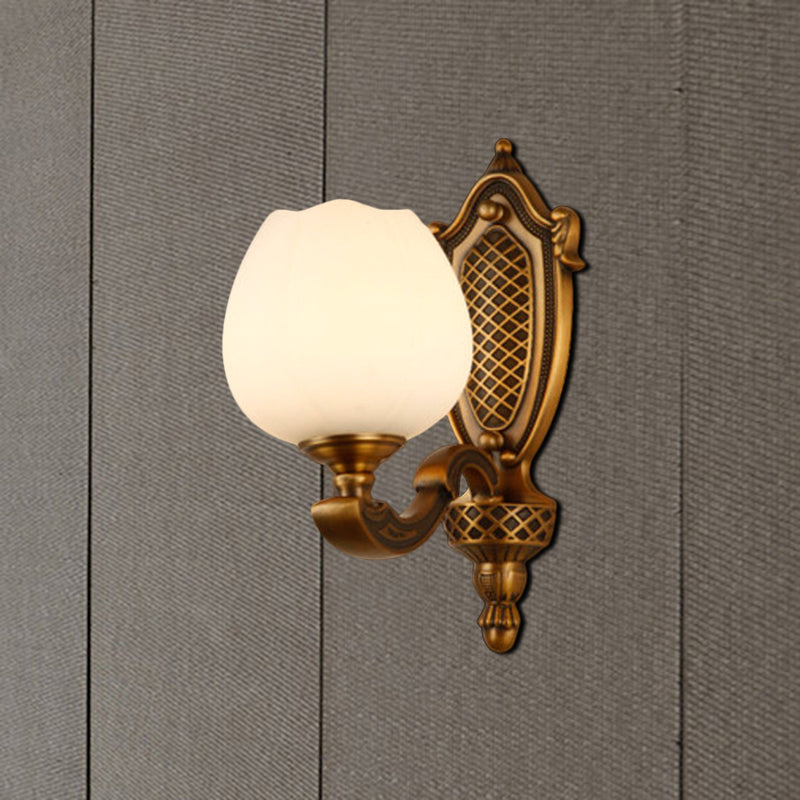 Skørter | Bowl White Glass Wall Lamp Vintage Style 1/2-Cup Bedroom Wall Sconces Light in Brass