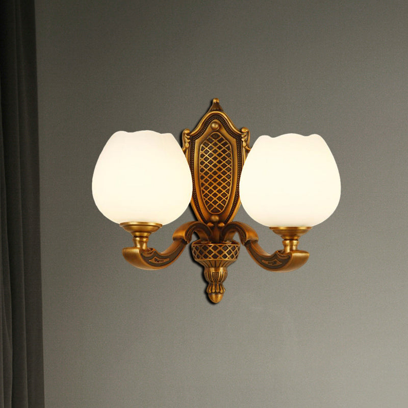 Skørter | Bowl White Glass Wall Lamp Vintage Style 1/2-Cup Bedroom Wall Sconces Light in Brass