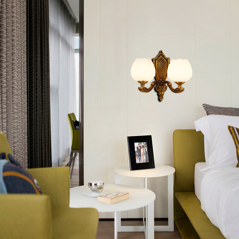 Skørter | Bowl White Glass Wall Lamp Vintage Style 1/2-Cup Bedroom Wall Sconces Light in Brass