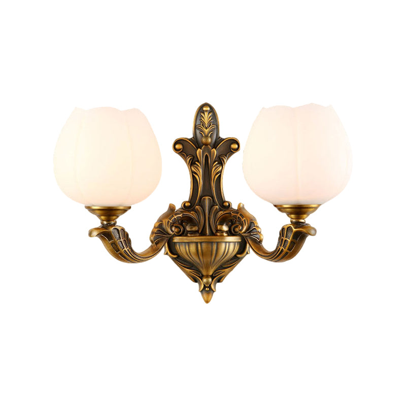 Skørter | 1/2-Light Bowl Wall Lamp Vintage Stylish Antique Brass Metal Wall Light with Milk Glass Shade