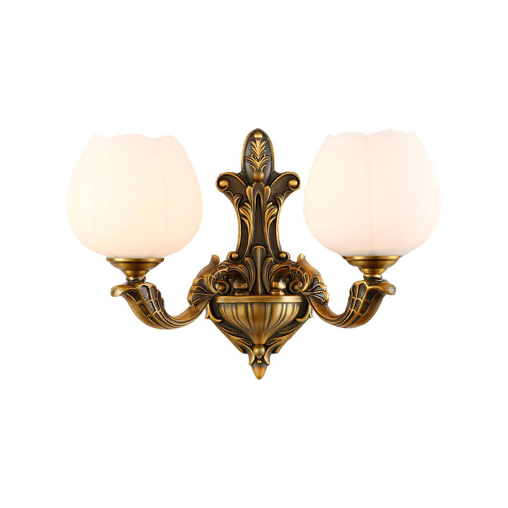Skørter | 1/2-Light Bowl Wall Lamp Vintage Stylish Antique Brass Metal Wall Light with Milk Glass Shade