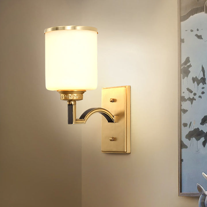 Skørter | Cylindrical Milk Glass Wall Lamp Traditional Style 1/2-Light Living Room Wall Lamp Lighting in Gold