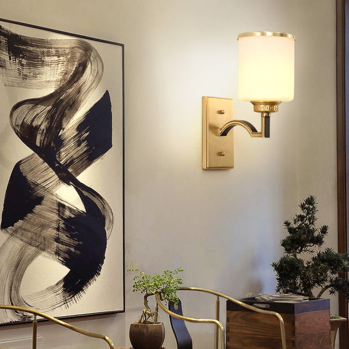 Skørter | Cylindrical Milk Glass Wall Lamp Traditional Style 1/2-Light Living Room Wall Lamp Lighting in Gold
