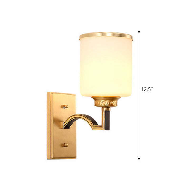 Skørter | Cylindrical Milk Glass Wall Lamp Traditional Style 1/2-Light Living Room Wall Lamp Lighting in Gold