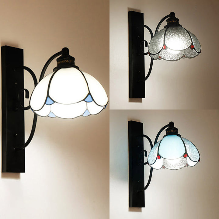 Lisslune | Tiffany Scalloped Wall Mount Light with Rectangular Backplate Speckled Glass 3 Lights Wall Lighting in White/Transparent/Blue