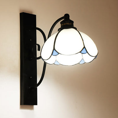 Lisslune | Tiffany Scalloped Wall Mount Light with Rectangular Backplate Speckled Glass 3 Lights Wall Lighting in White/Transparent/Blue