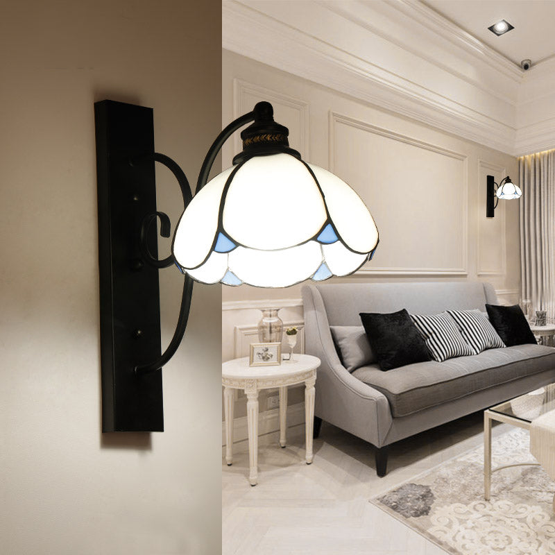 Lisslune | Tiffany Scalloped Wall Mount Light with Rectangular Backplate Speckled Glass 3 Lights Wall Lighting in White/Transparent/Blue