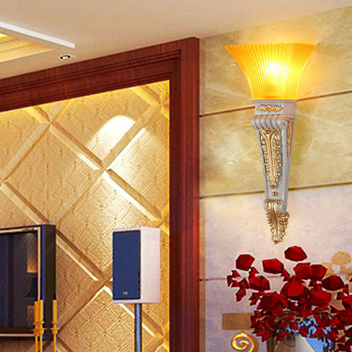 Skørter | Modern Style Bell Wall Light 1 Bulb Yellow Glass and Resin Wall Mounted Lamp in Gold/White for Foyer, 14"/19" B