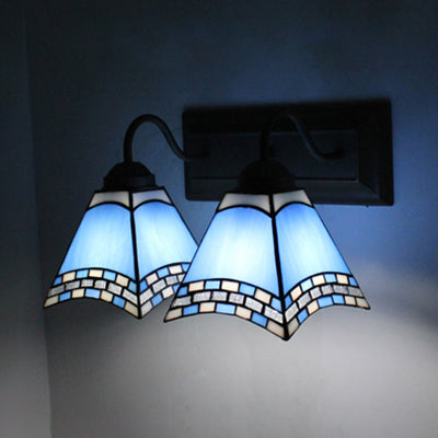 Lisslune | Mediterranean Pyramid Wall Lamp 2 Heads Blue/Light Blue Glass Wall Lighting for Bedroom