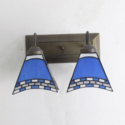 Lisslune | Mediterranean Pyramid Wall Lamp 2 Heads Blue/Light Blue Glass Wall Lighting for Bedroom