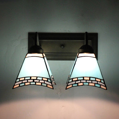 Lisslune | Mediterranean Pyramid Wall Lamp 2 Heads Blue/Light Blue Glass Wall Lighting for Bedroom