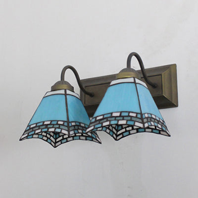 Lisslune | Mediterranean Pyramid Wall Lamp 2 Heads Blue/Light Blue Glass Wall Lighting for Bedroom