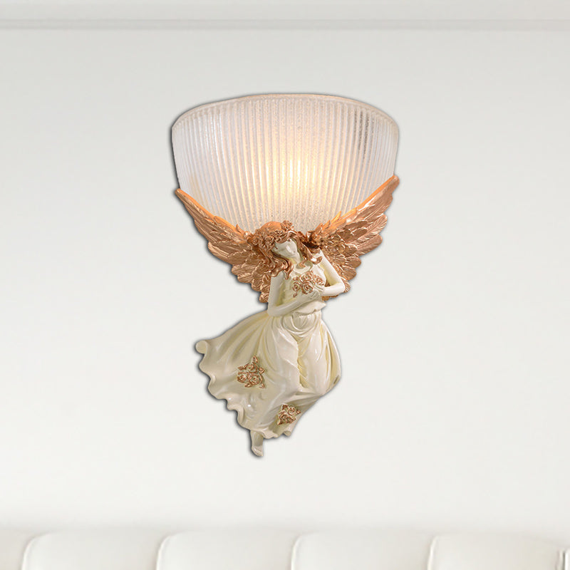 Skørter | 10"/12" W 1 Glass Wall Light Lodge Style Bowl Frosted Glass Wall Mount Light with Gold/White Angel Design, Left/Right
