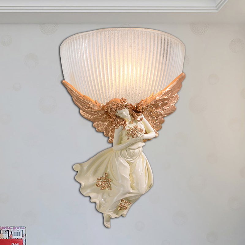 Skørter | 10"/12" W 1 Glass Wall Light Lodge Style Bowl Frosted Glass Wall Mount Light with Gold/White Angel Design, Left/Right