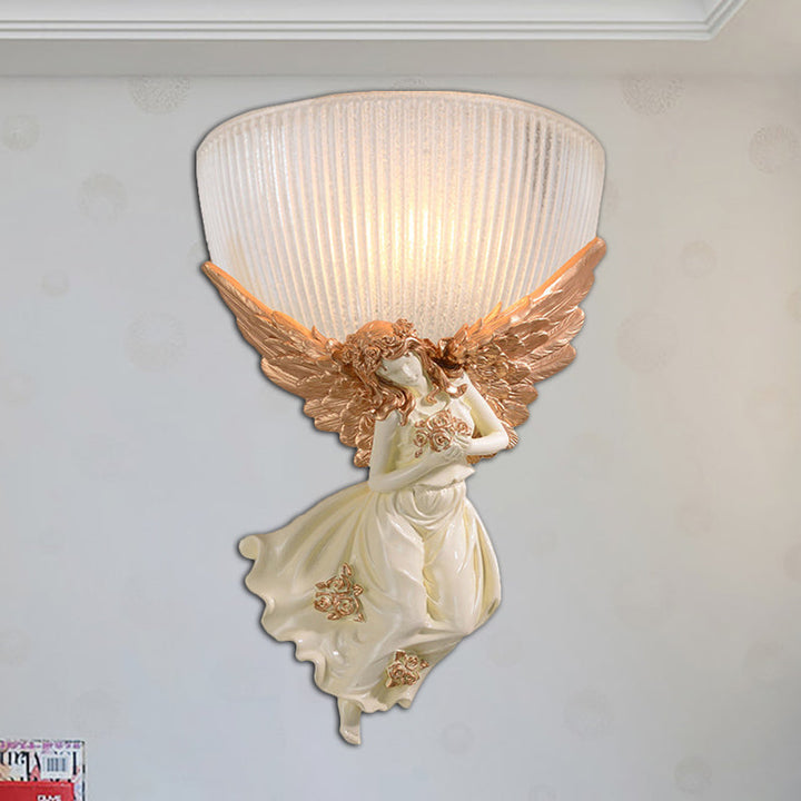 Skørter | 10"/12" W 1 Glass Wall Light Lodge Style Bowl Frosted Glass Wall Mount Light with Gold/White Angel Design, Left/Right