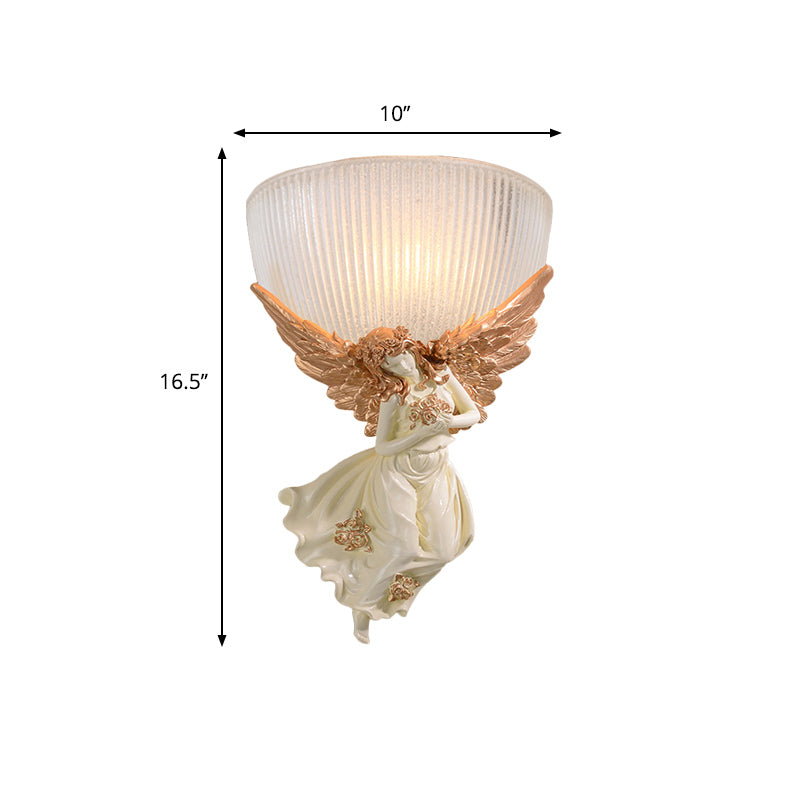 Skørter | 10"/12" W 1 Glass Wall Light Lodge Style Bowl Frosted Glass Wall Mount Light with Gold/White Angel Design, Left/Right