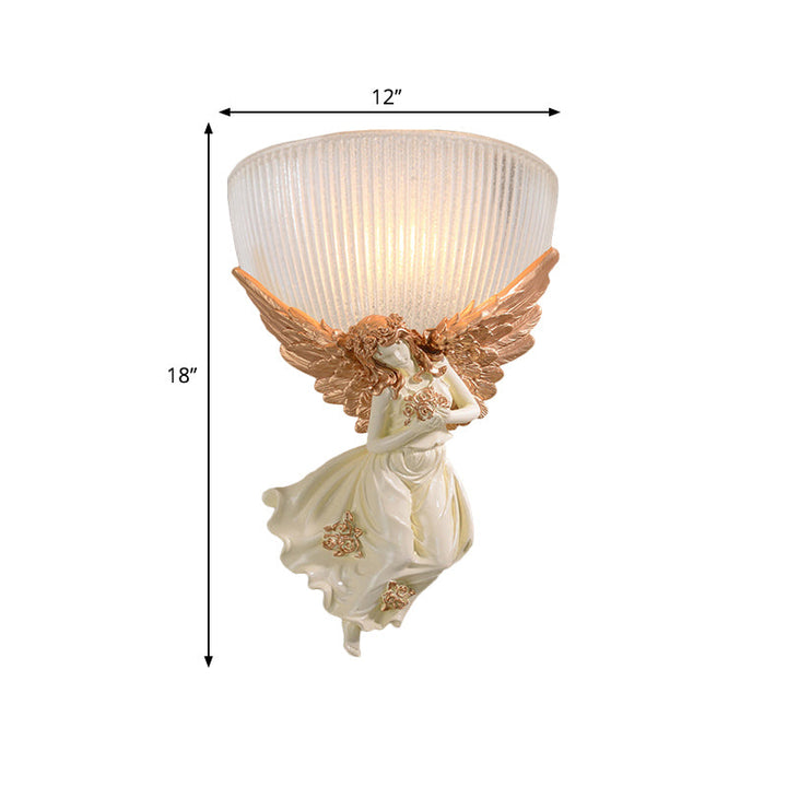 Skørter | 10"/12" W 1 Glass Wall Light Lodge Style Bowl Frosted Glass Wall Mount Light with Gold/White Angel Design, Left/Right