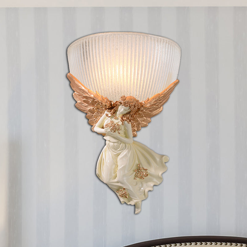 Skørter | 10"/12" W 1 Glass Wall Light Lodge Style Bowl Frosted Glass Wall Mount Light with Gold/White Angel Design, Left/Right
