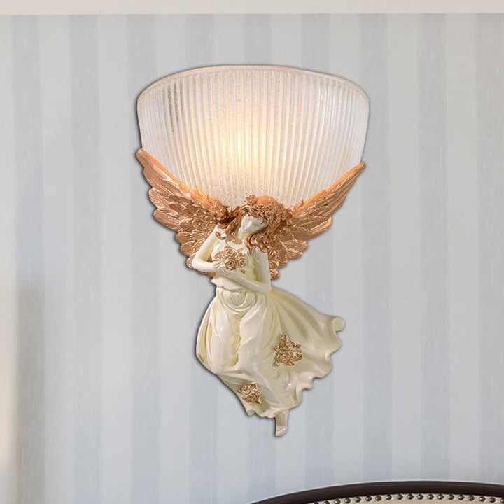 Skørter | 10"/12" W 1 Glass Wall Light Lodge Style Bowl Frosted Glass Wall Mount Light with Gold/White Angel Design, Left/Right