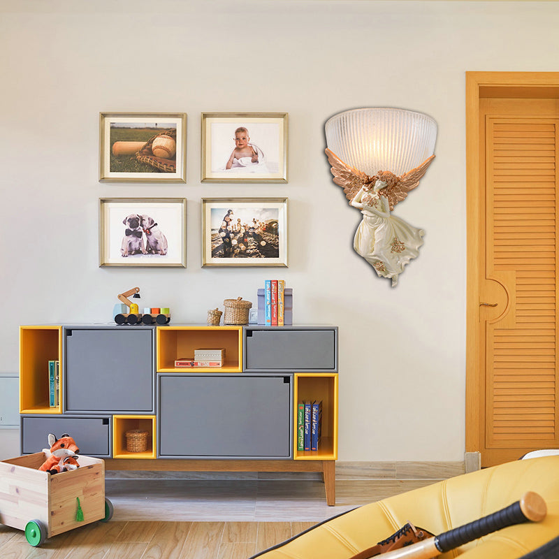 Skørter | 10"/12" W 1 Glass Wall Light Lodge Style Bowl Frosted Glass Wall Mount Light with Gold/White Angel Design, Left/Right