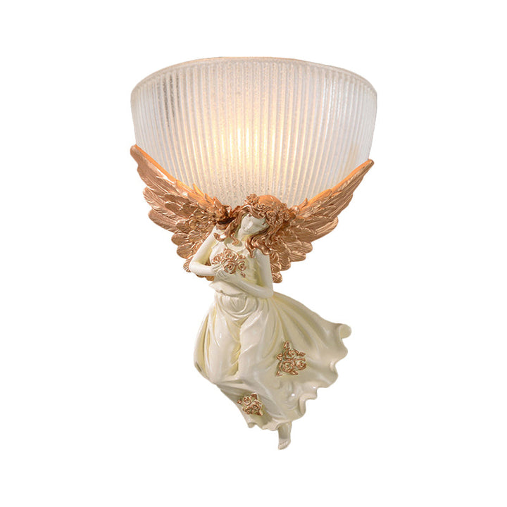Skørter | 10"/12" W 1 Glass Wall Light Lodge Style Bowl Frosted Glass Wall Mount Light with Gold/White Angel Design, Left/Right