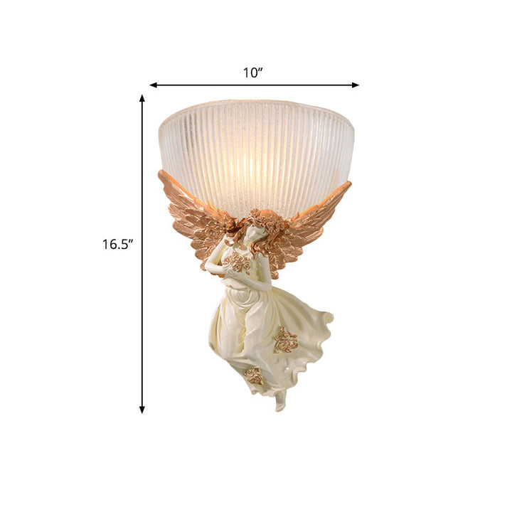 Skørter | 10"/12" W 1 Glass Wall Light Lodge Style Bowl Frosted Glass Wall Mount Light with Gold/White Angel Design, Left/Right