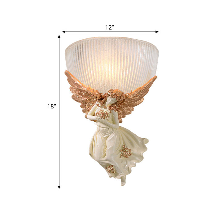 Skørter | 10"/12" W 1 Glass Wall Light Lodge Style Bowl Frosted Glass Wall Mount Light with Gold/White Angel Design, Left/Right