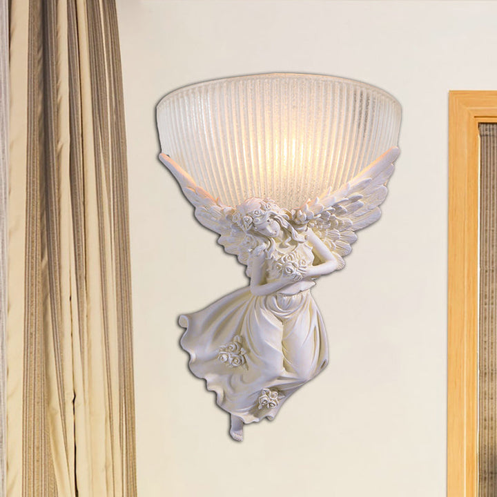 Skørter | 10"/12" W 1 Glass Wall Light Lodge Style Bowl Frosted Glass Wall Mount Light with Gold/White Angel Design, Left/Right