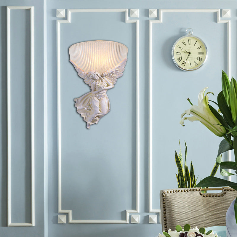 Skørter | 10"/12" W 1 Glass Wall Light Lodge Style Bowl Frosted Glass Wall Mount Light with Gold/White Angel Design, Left/Right