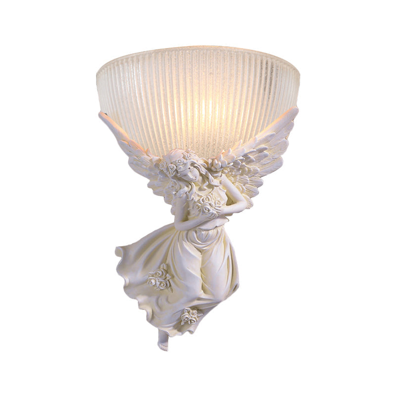 Skørter | 10"/12" W 1 Glass Wall Light Lodge Style Bowl Frosted Glass Wall Mount Light with Gold/White Angel Design, Left/Right