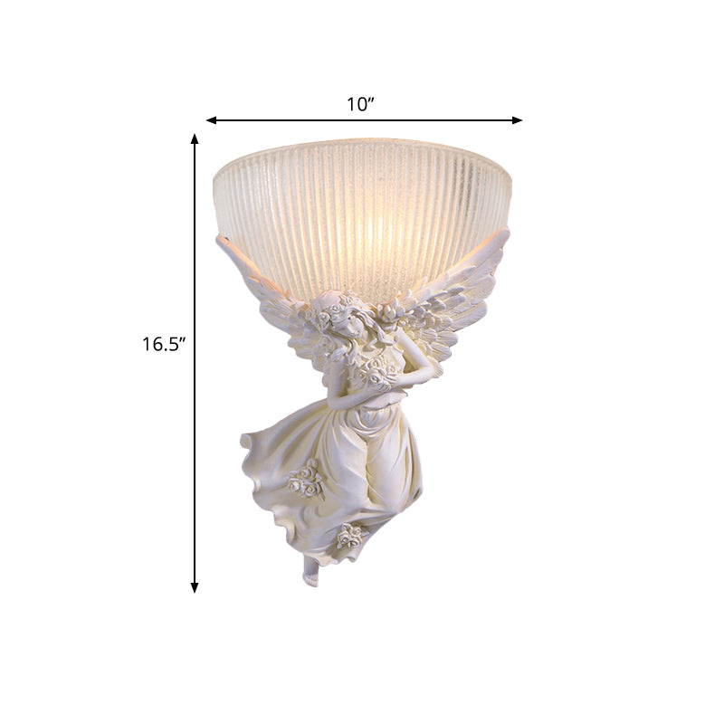 Skørter | 10"/12" W 1 Glass Wall Light Lodge Style Bowl Frosted Glass Wall Mount Light with Gold/White Angel Design, Left/Right
