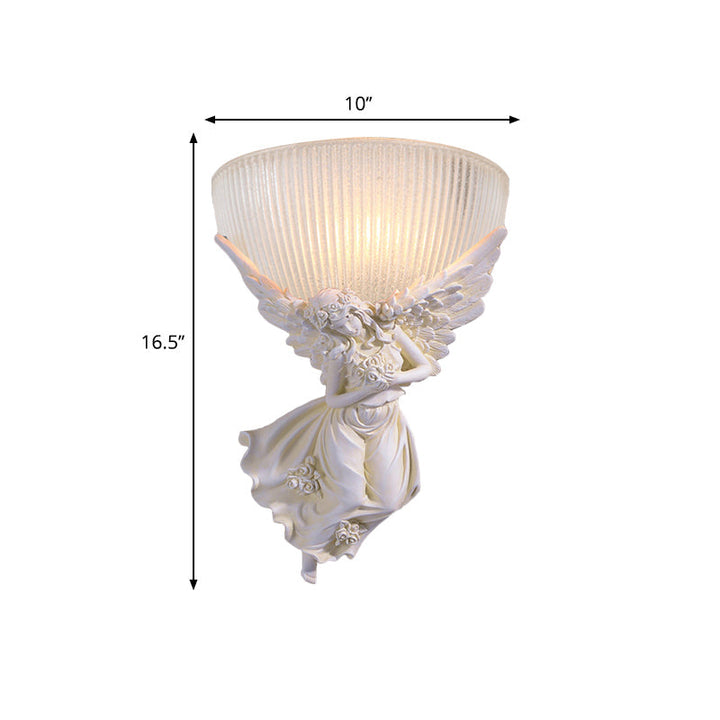 Skørter | 10"/12" W 1 Glass Wall Light Lodge Style Bowl Frosted Glass Wall Mount Light with Gold/White Angel Design, Left/Right
