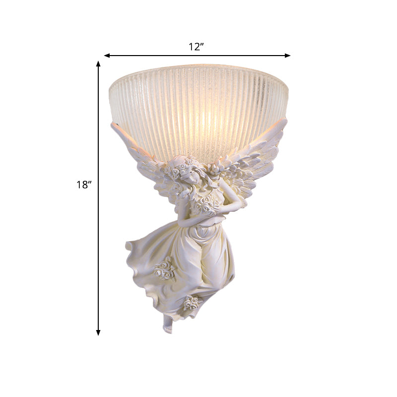 Skørter | 10"/12" W 1 Glass Wall Light Lodge Style Bowl Frosted Glass Wall Mount Light with Gold/White Angel Design, Left/Right