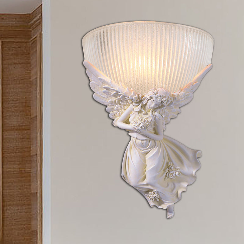 Skørter | 10"/12" W 1 Glass Wall Light Lodge Style Bowl Frosted Glass Wall Mount Light with Gold/White Angel Design, Left/Right