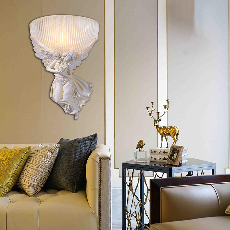 Skørter | 10"/12" W 1 Glass Wall Light Lodge Style Bowl Frosted Glass Wall Mount Light with Gold/White Angel Design, Left/Right