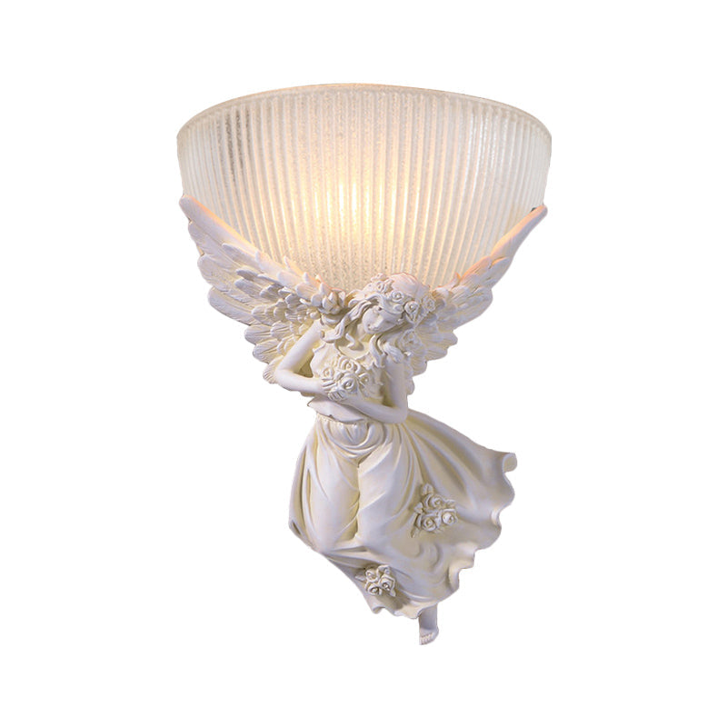 Skørter | 10"/12" W 1 Glass Wall Light Lodge Style Bowl Frosted Glass Wall Mount Light with Gold/White Angel Design, Left/Right