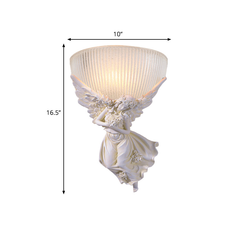 Skørter | 10"/12" W 1 Glass Wall Light Lodge Style Bowl Frosted Glass Wall Mount Light with Gold/White Angel Design, Left/Right