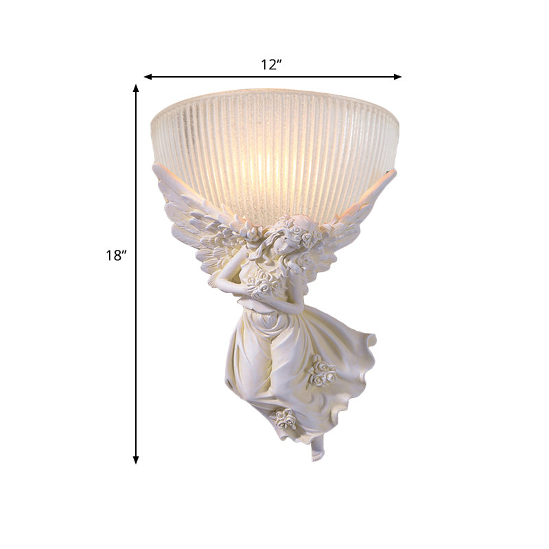Skørter | 10"/12" W 1 Glass Wall Light Lodge Style Bowl Frosted Glass Wall Mount Light with Gold/White Angel Design, Left/Right