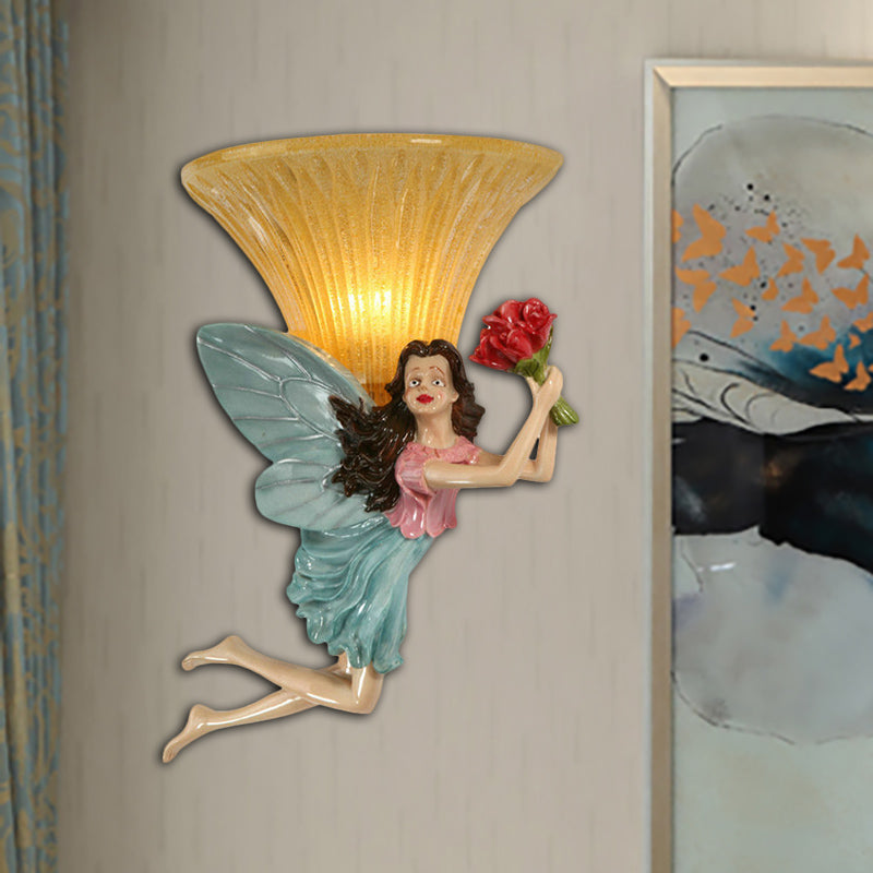 Skørter | Retro Style Fairy Wall Light 1 Main Resin Blue/Gold Wall Lamp with Amber Glass Bell Shade