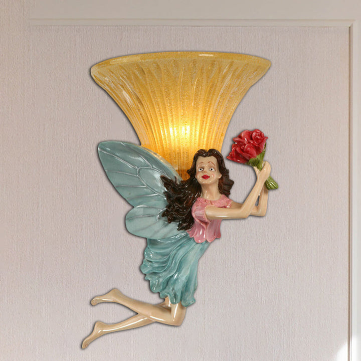 Skørter | Retro Style Fairy Wall Light 1 Main Resin Blue/Gold Wall Lamp with Amber Glass Bell Shade