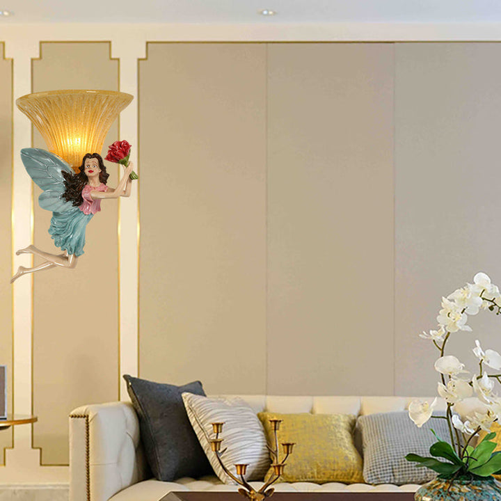 Skørter | Retro Style Fairy Wall Light 1 Main Resin Blue/Gold Wall Lamp with Amber Glass Bell Shade