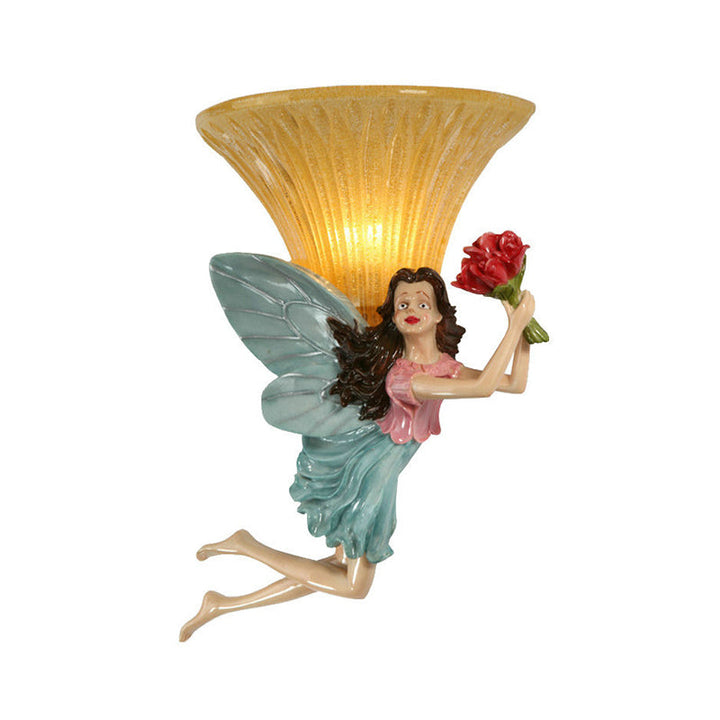 Skørter | Retro Style Fairy Wall Light 1 Main Resin Blue/Gold Wall Lamp with Amber Glass Bell Shade