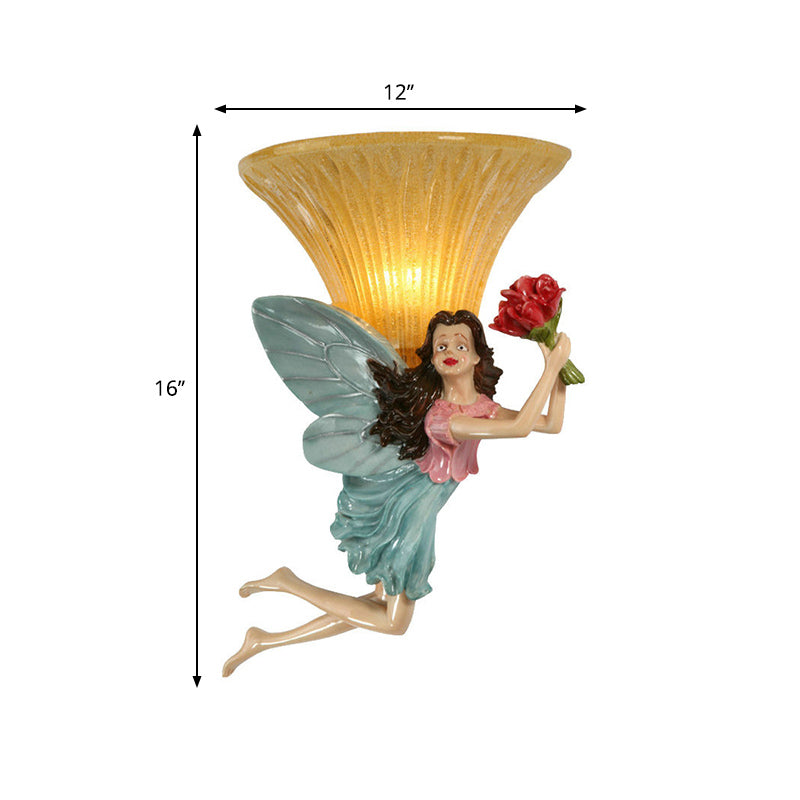 Skørter | Retro Style Fairy Wall Light 1 Main Resin Blue/Gold Wall Lamp with Amber Glass Bell Shade