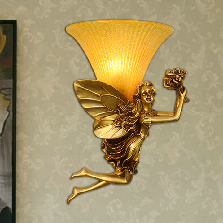 Skørter | Retro Style Fairy Wall Light 1 Main Resin Blue/Gold Wall Lamp with Amber Glass Bell Shade
